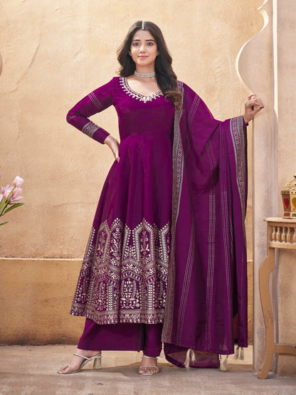Grape Purple Mirror Work And Foil Print Silk Salwar Suit