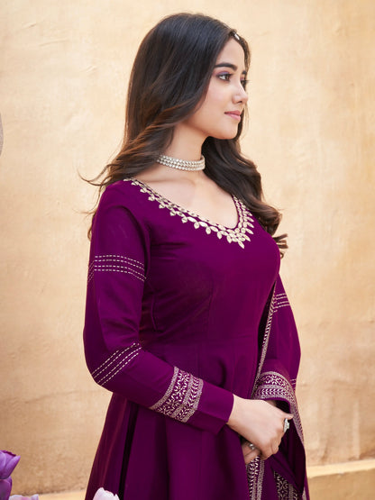 Grape Purple Mirror Work And Foil Print Silk Salwar Suit