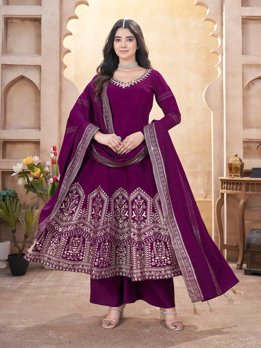 Grape Purple Mirror Work And Foil Print Silk Salwar Suit