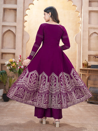 Grape Purple Mirror Work And Foil Print Silk Salwar Suit