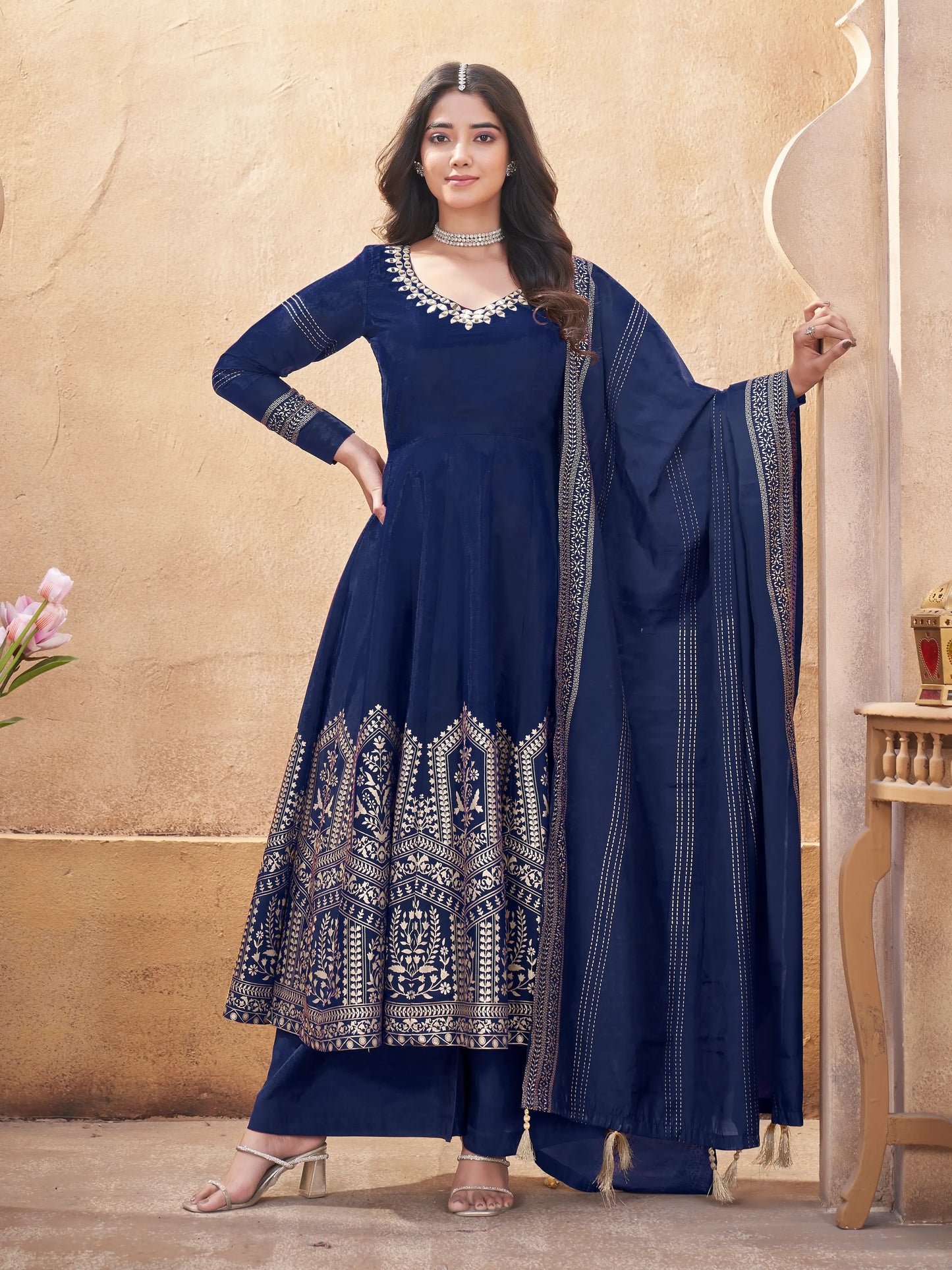 Navy Blue Mirror Work And Foil Print Silk Salwar Suit