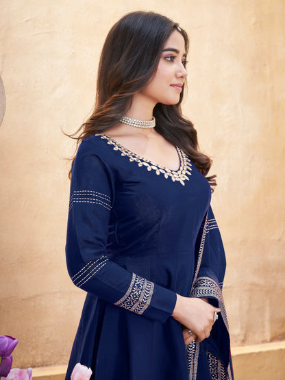 Navy Blue Mirror Work And Foil Print Silk Salwar Suit