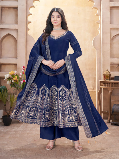 Navy Blue Mirror Work And Foil Print Silk Salwar Suit
