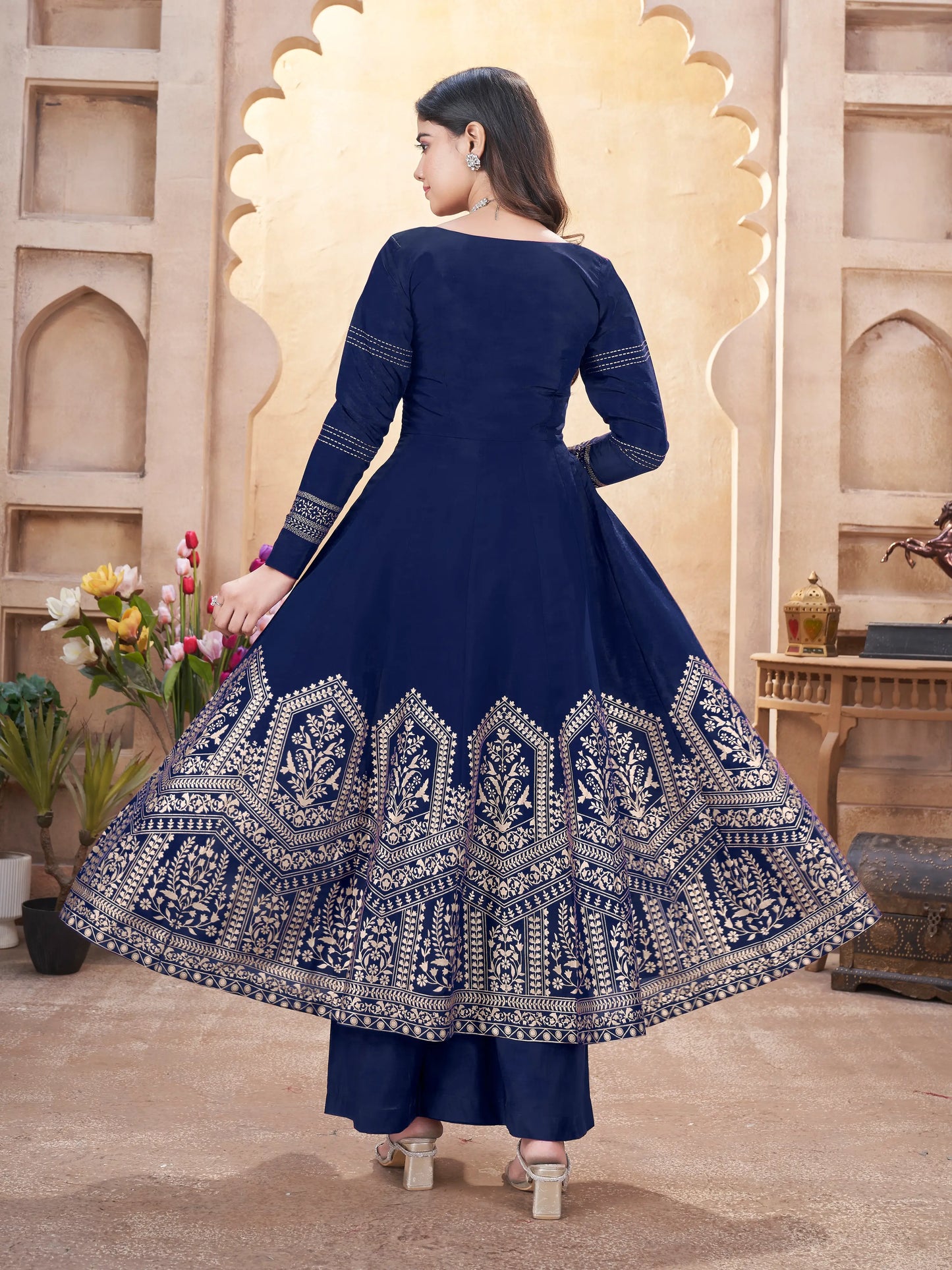 Navy Blue Mirror Work And Foil Print Silk Salwar Suit