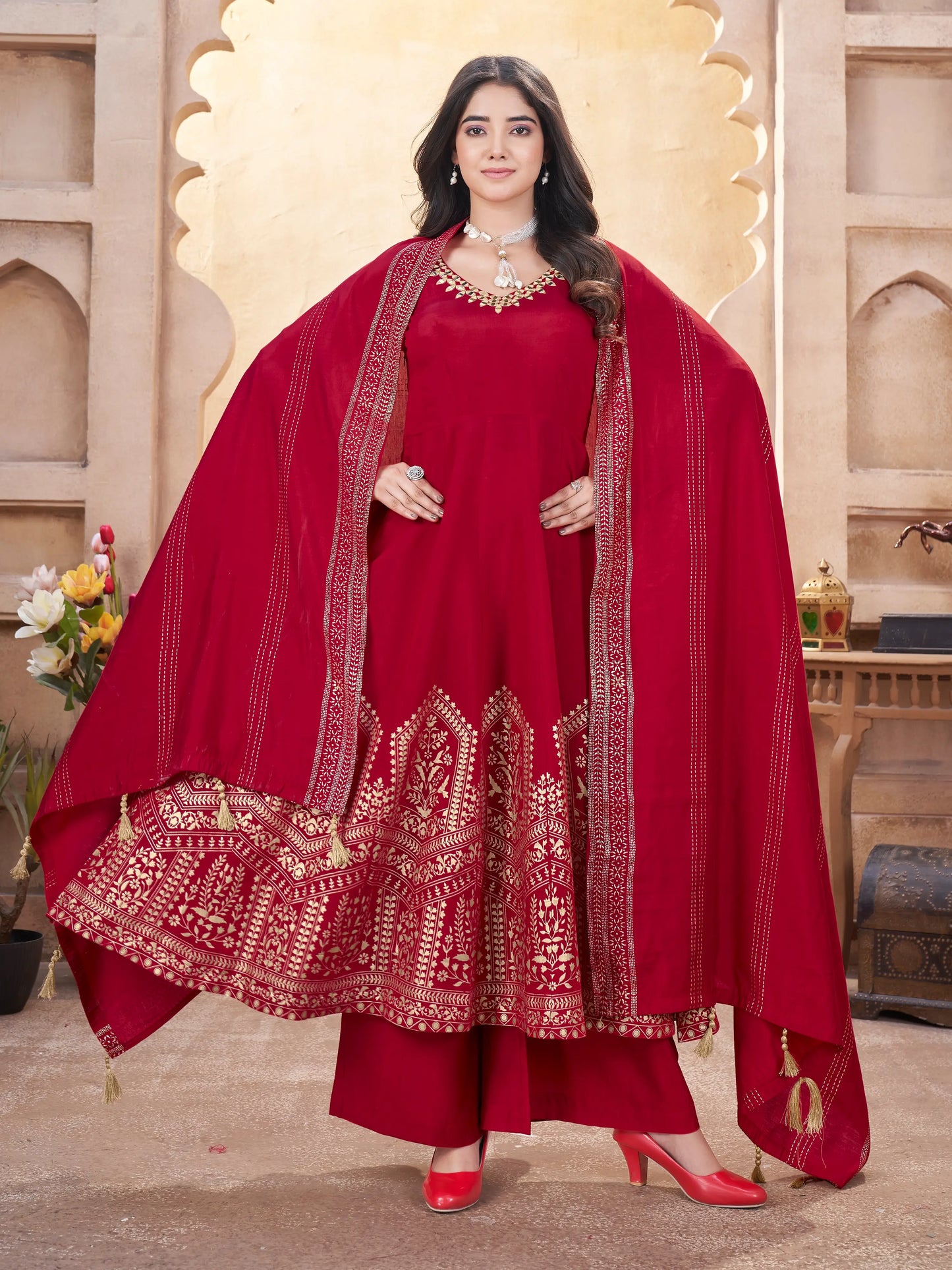 Red  Mirror Work And Foil Print Silk Salwar Suit