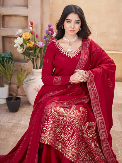 Red  Mirror Work And Foil Print Silk Salwar Suit