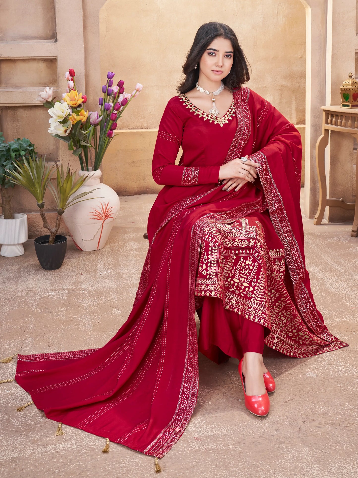 Red  Mirror Work And Foil Print Silk Salwar Suit