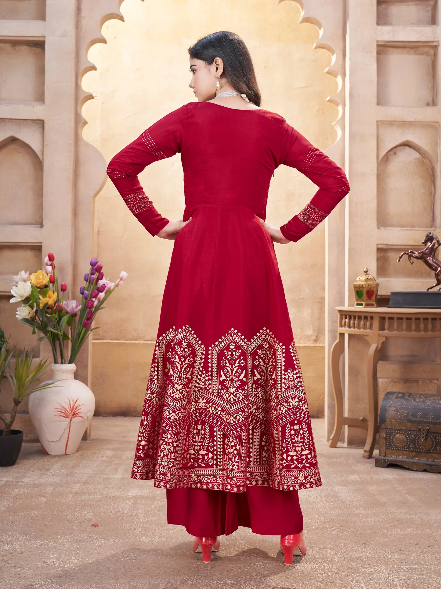 Red  Mirror Work And Foil Print Silk Salwar Suit