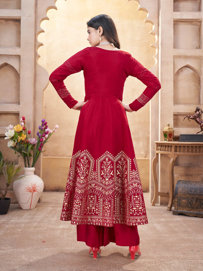 Red  Mirror Work And Foil Print Silk Salwar Suit