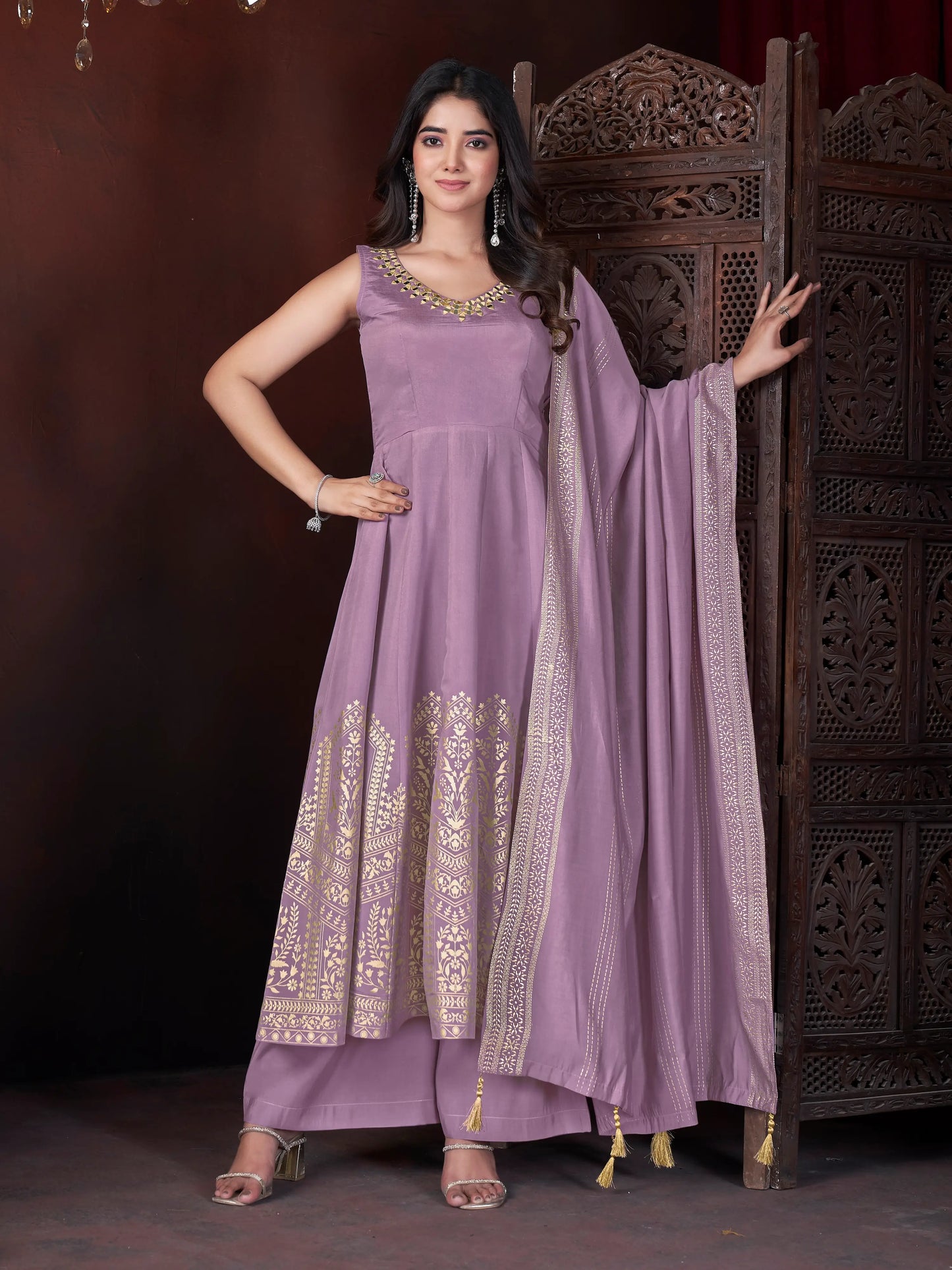 Dusky Purple Mirror Work And Foil Print Silk Salwar Suit