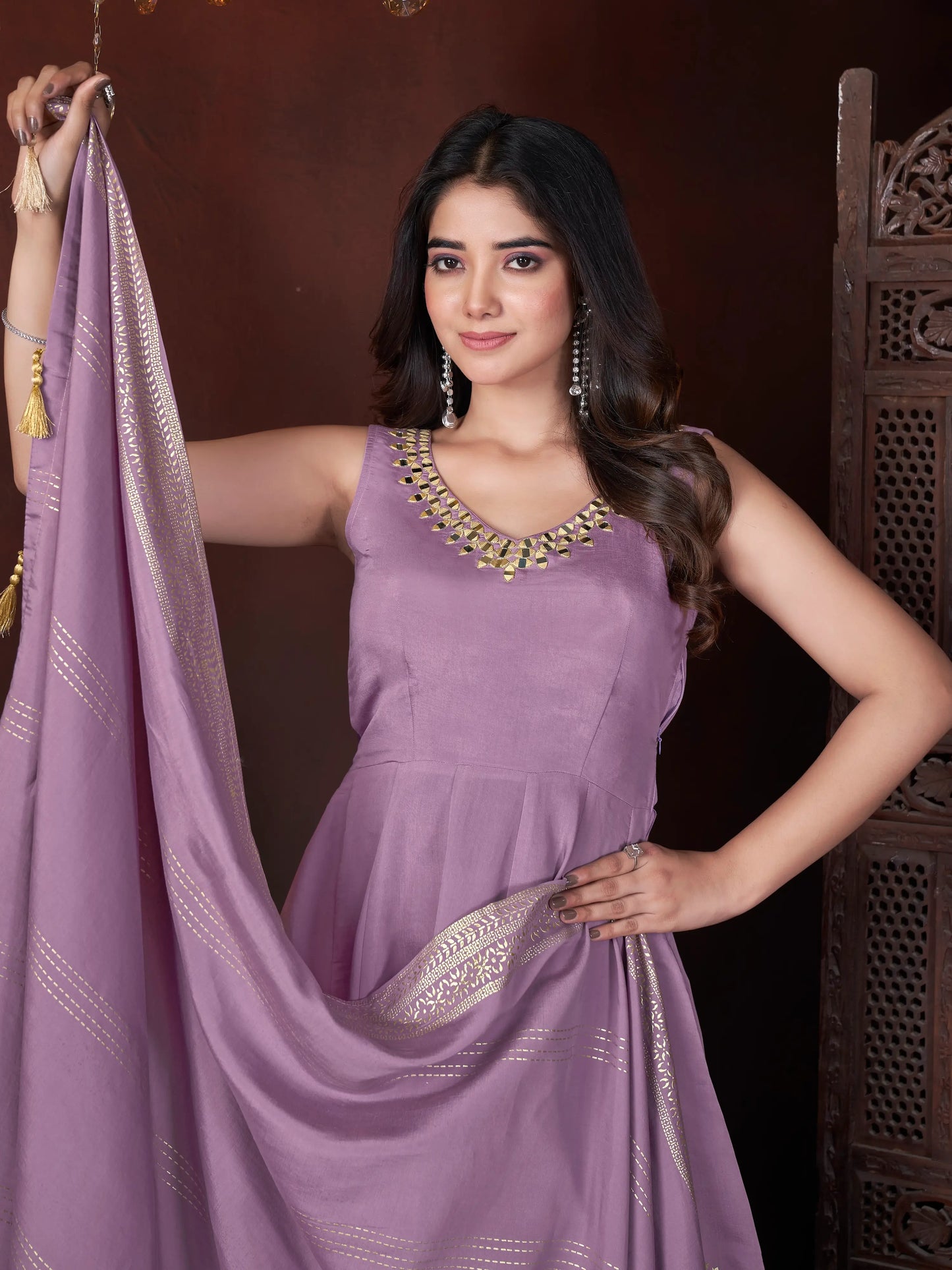 Dusky Purple Mirror Work And Foil Print Silk Salwar Suit