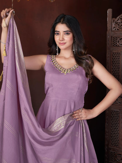 Dusky Purple Mirror Work And Foil Print Silk Salwar Suit