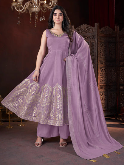 Dusky Purple Mirror Work And Foil Print Silk Salwar Suit