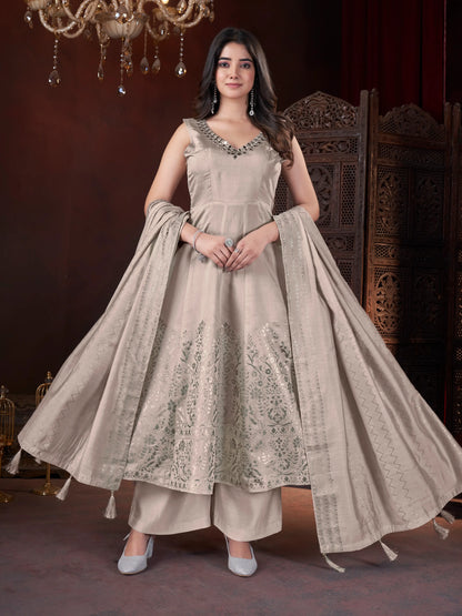 Cream Mirror Work And Foil Print Salwar Suit