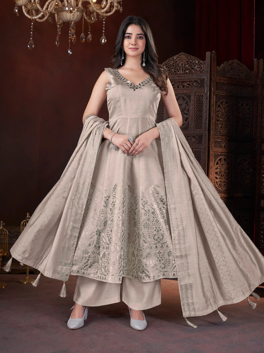 Cream Mirror Work And Foil Print Salwar Suit