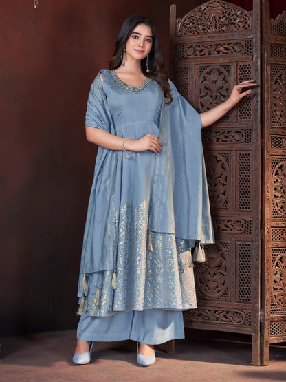 Sky Blue Mirror Work And Foil Print Salwar Suit