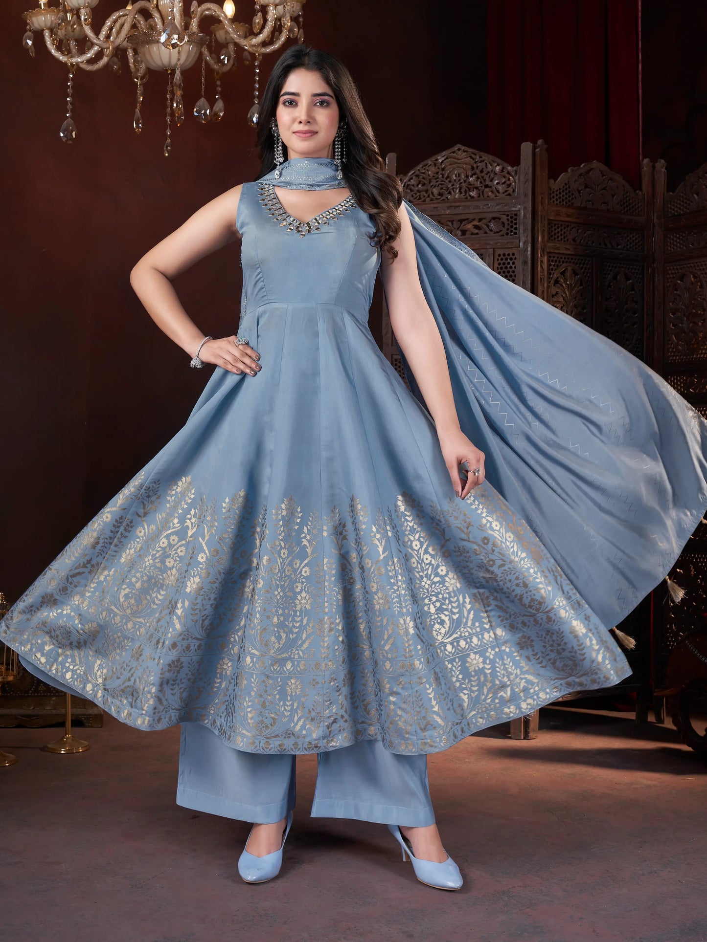Sky Blue Mirror Work And Foil Print Salwar Suit