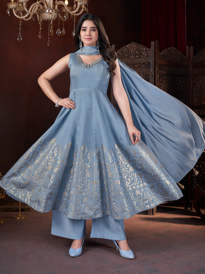 Sky Blue Mirror Work And Foil Print Salwar Suit