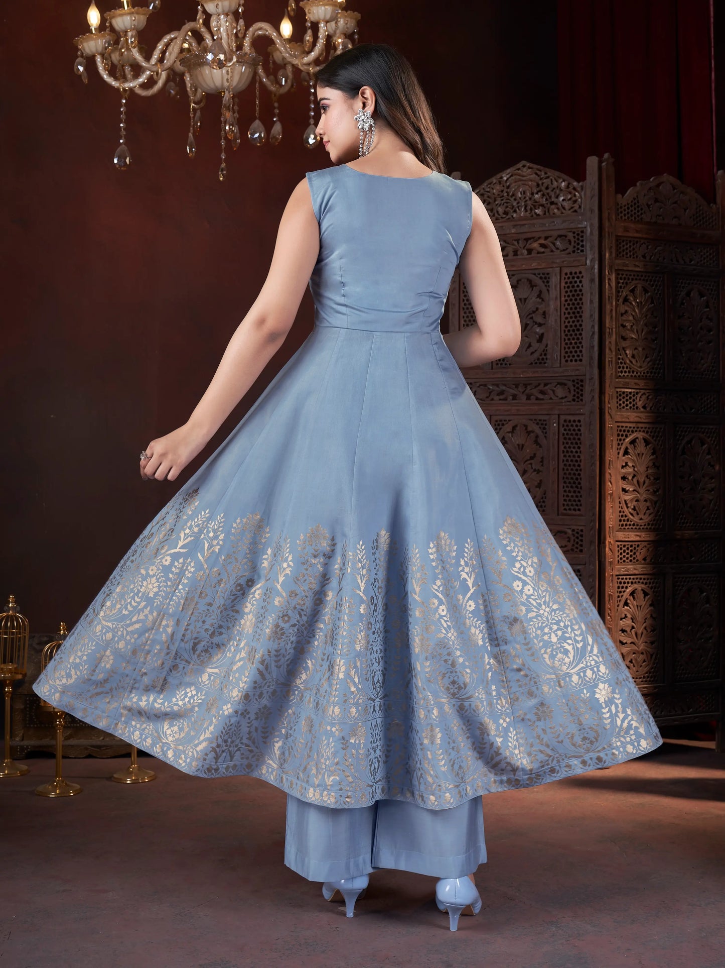 Sky Blue Mirror Work And Foil Print Salwar Suit