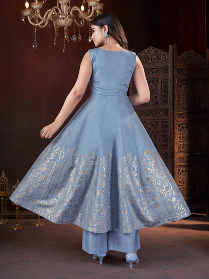 Sky Blue Mirror Work And Foil Print Salwar Suit