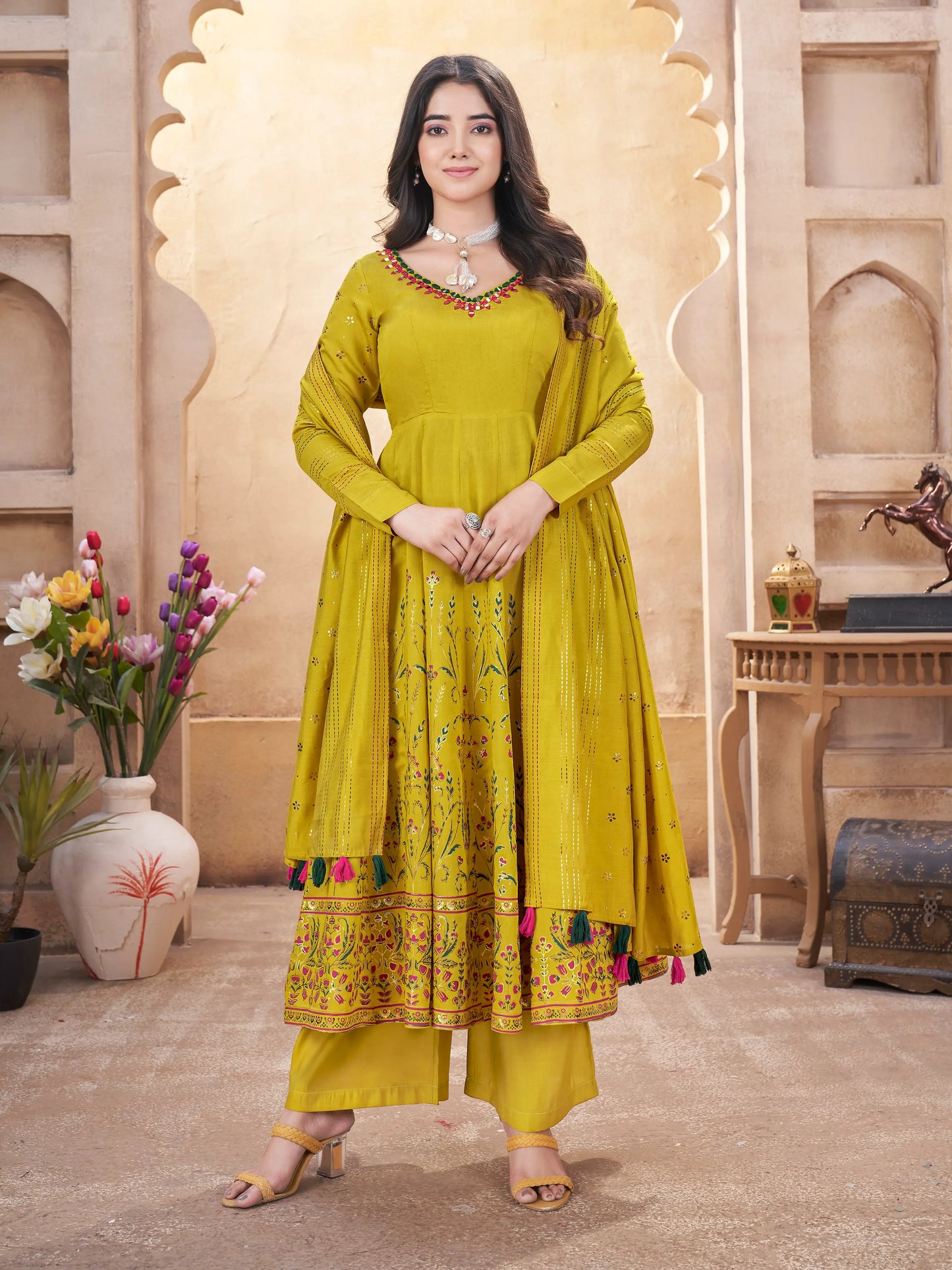 Fluorescent Yellow Mirror Work And Foil Print Silk Salwar Suit