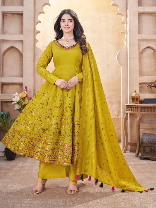 Fluorescent Yellow Mirror Work And Foil Print Silk Salwar Suit