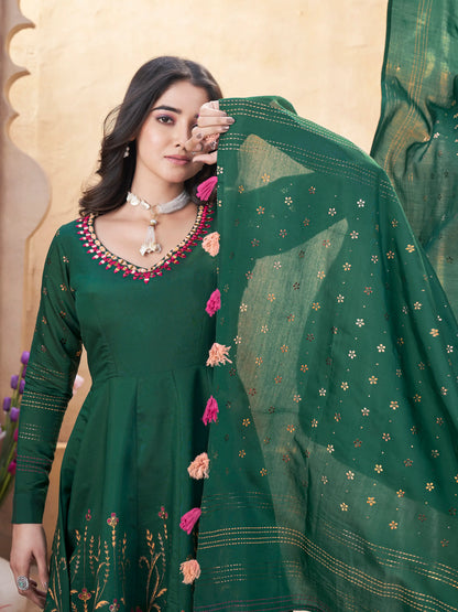 Green Mirror Work And Foil Print Silk Salwar Suit