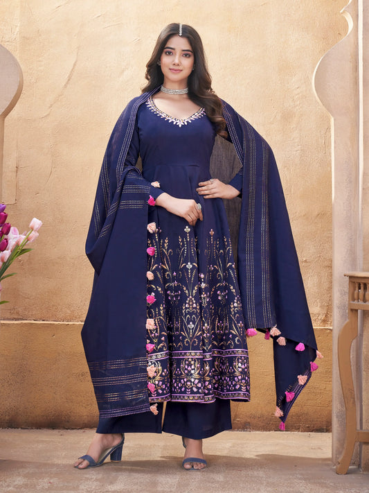 Navy Blue Mirror Work And Foil Print Silk Salwar suit
