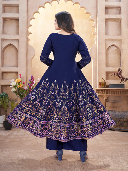Navy Blue Mirror Work And Foil Print Silk Salwar suit