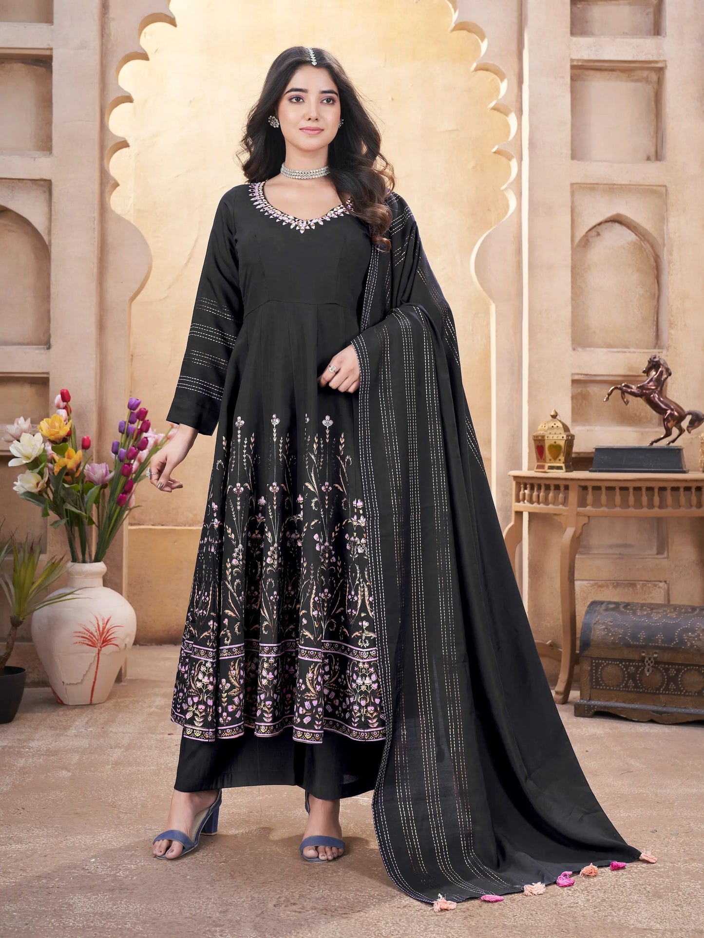 Black Mirror Work And Foil Print Silk Salwar suit