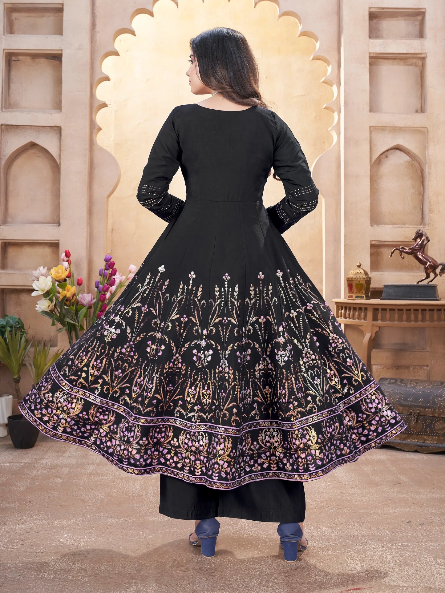 Black Mirror Work And Foil Print Silk Salwar suit