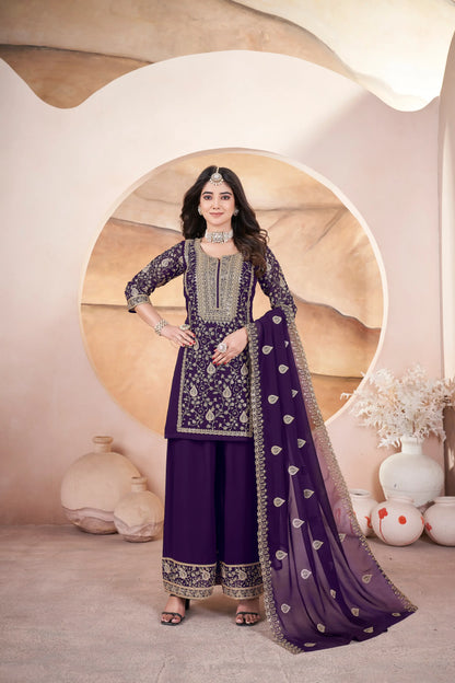 Wine Georgette Embroidery Sequins Salwar Suit