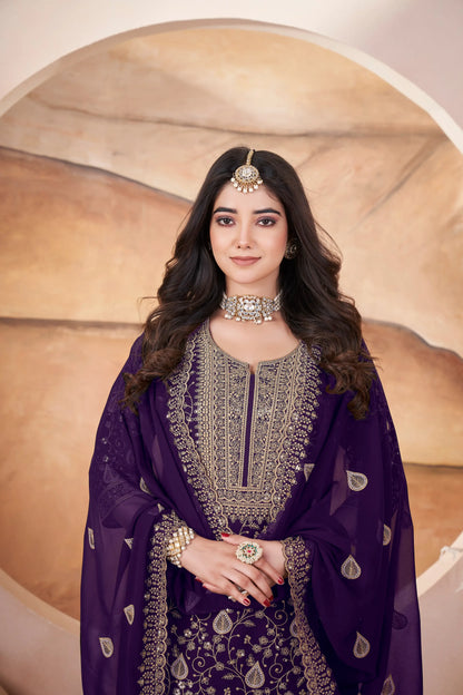 Wine Georgette Embroidery Sequins Salwar Suit