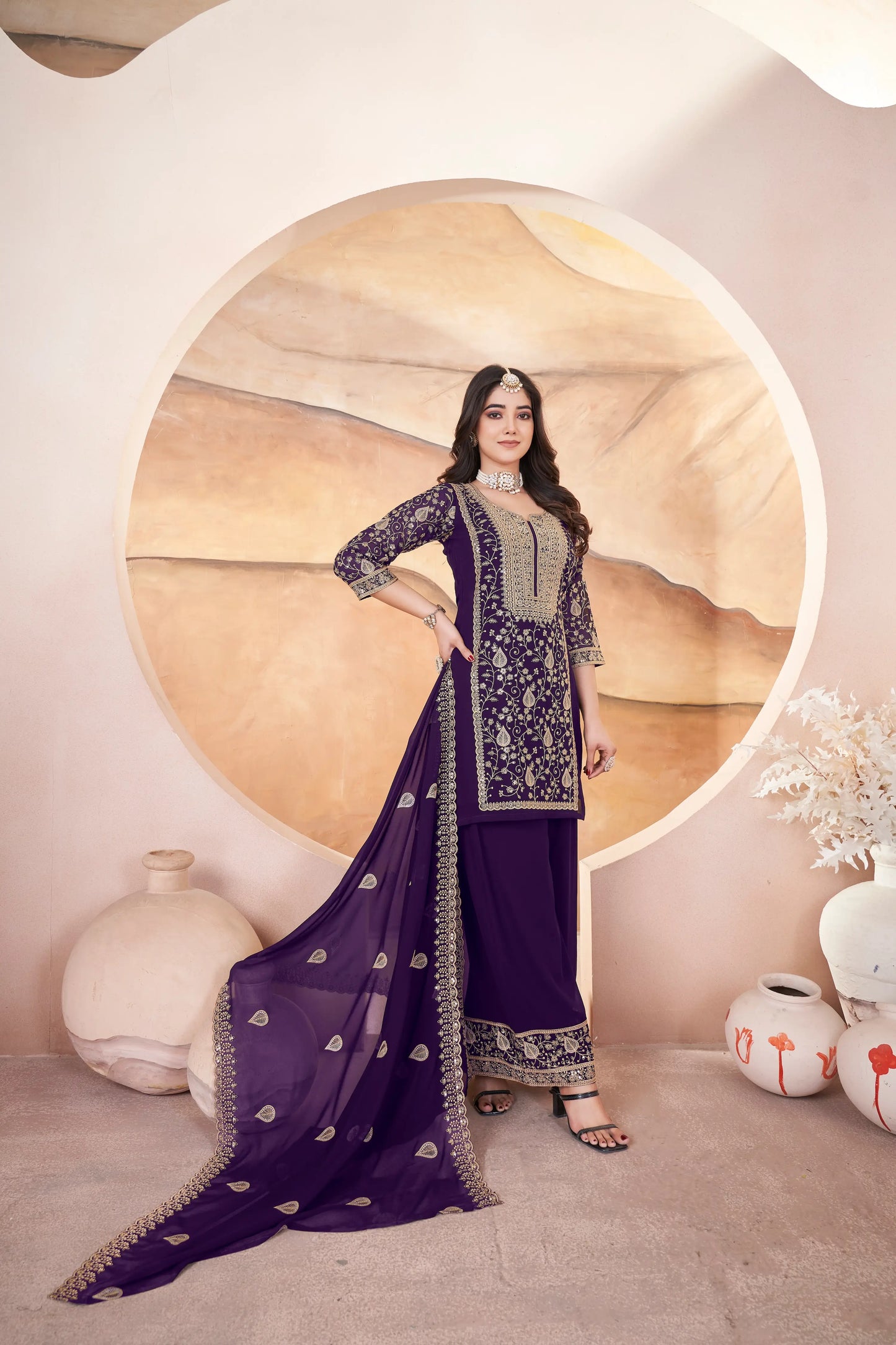 Wine Georgette Embroidery Sequins Salwar Suit