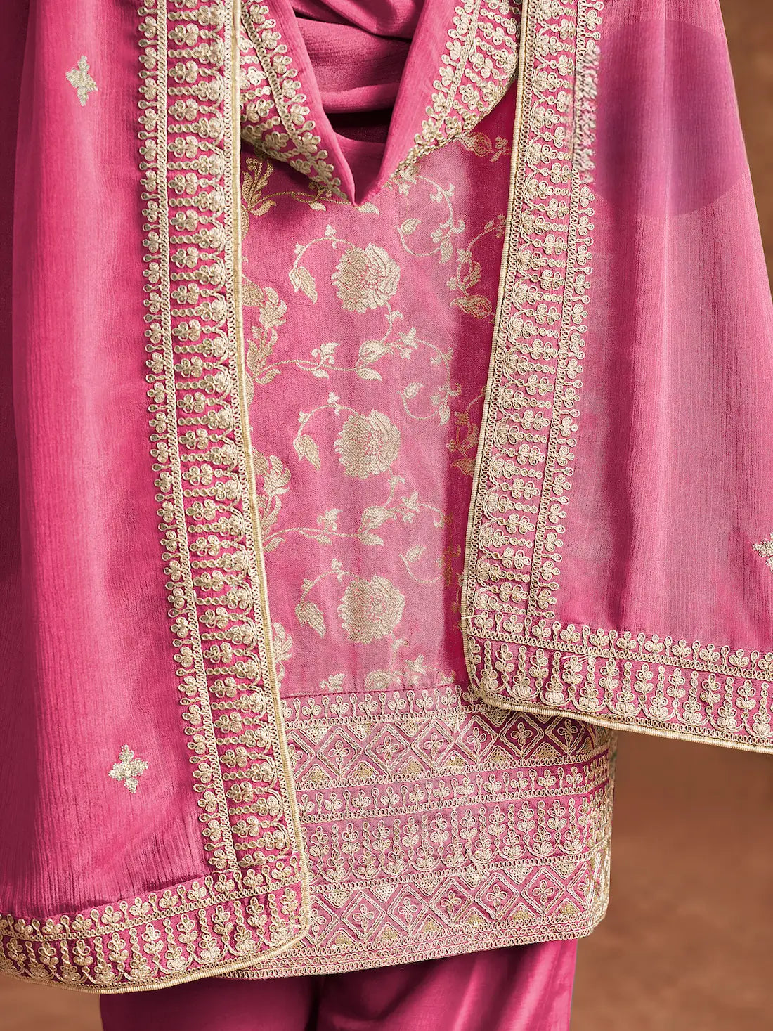 Pink Dola Silk Palazzo Salwar Suit With Thread & Sequins Embroidery Work