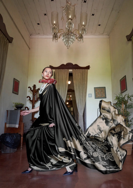Black-Golden Satin Figurative Print Saree