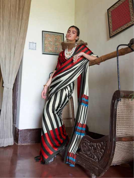 Black-White Satin Bold Stripped Print Saree