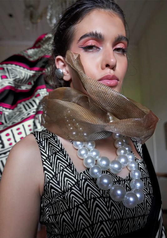 Black-White Satin Geometric Print Saree