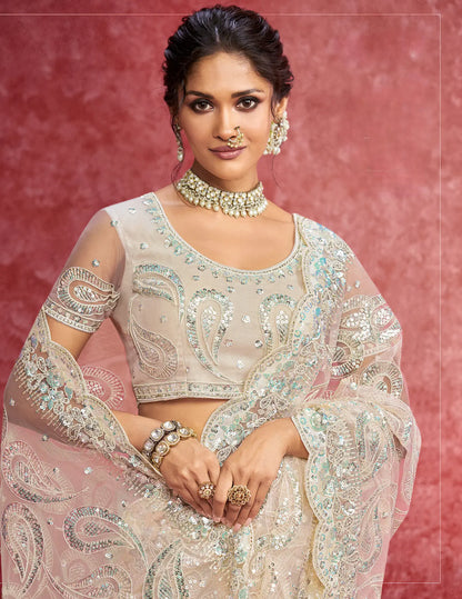 Off White Net Embroidery Work Party Wear Saree