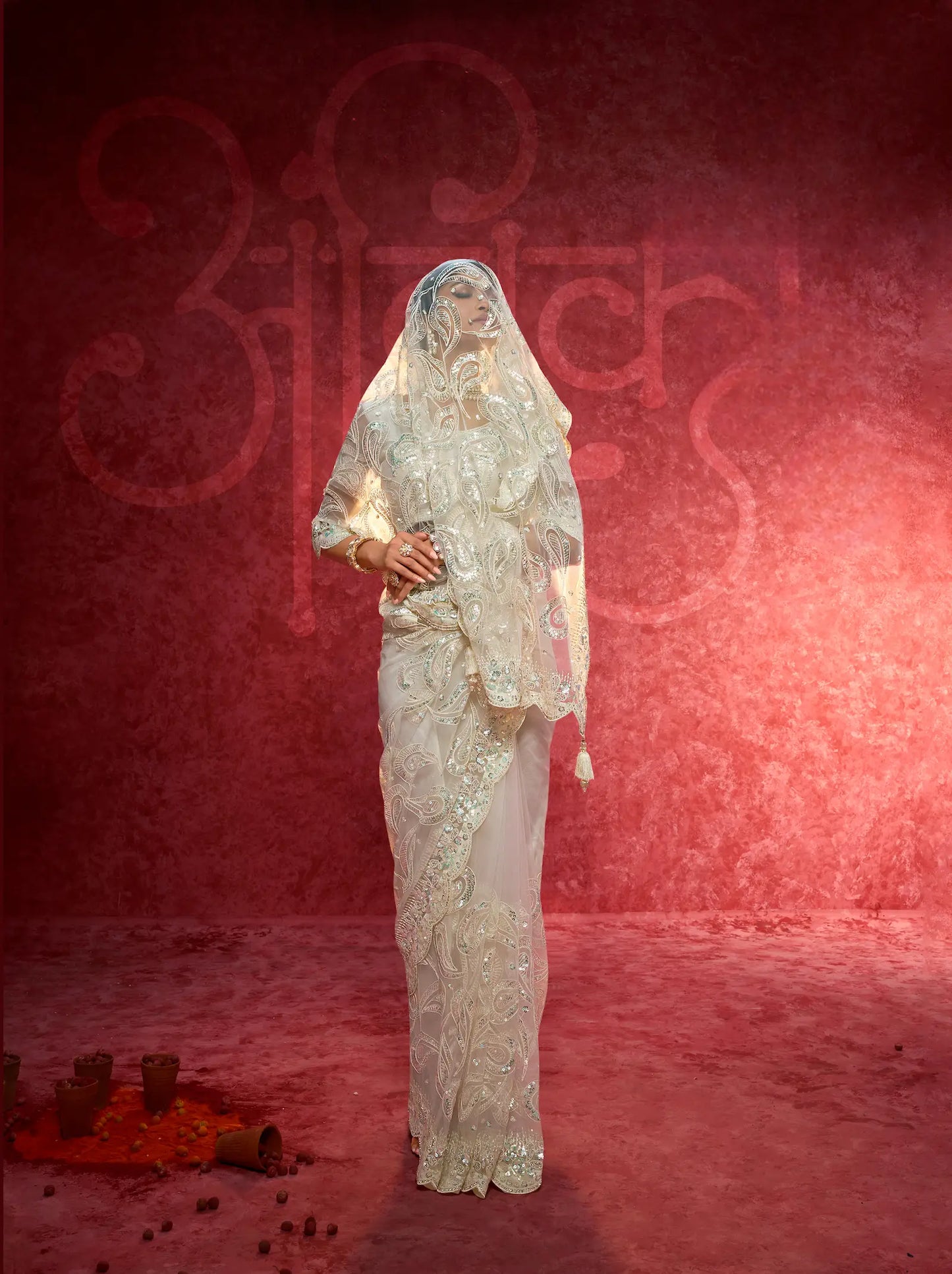 Off White Net Embroidery Work Party Wear Saree