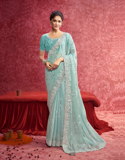 Sky Blue Galaxy Embroidery Work Party wear Saree