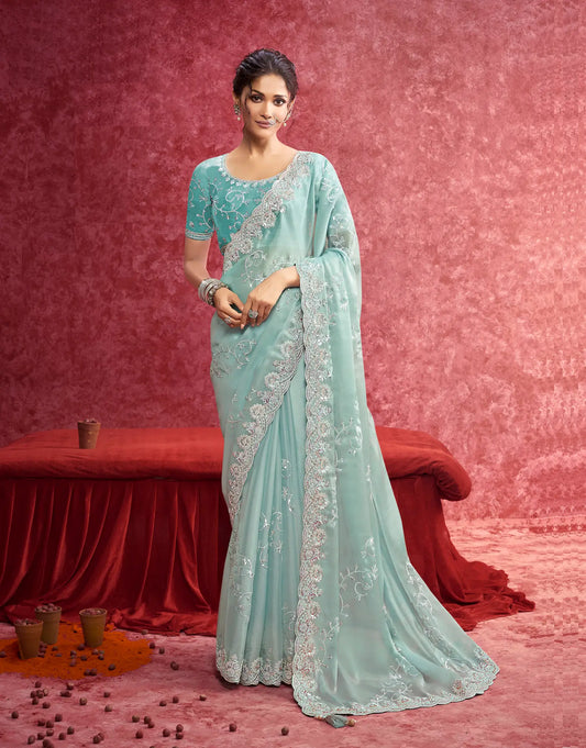 Sky Blue Galaxy Embroidery Work Party wear Saree
