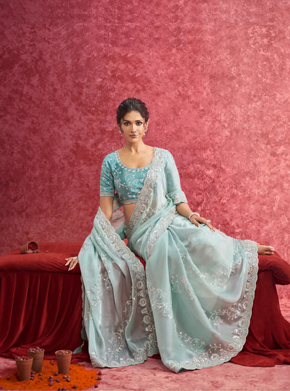 Sky Blue Galaxy Embroidery Work Party wear Saree