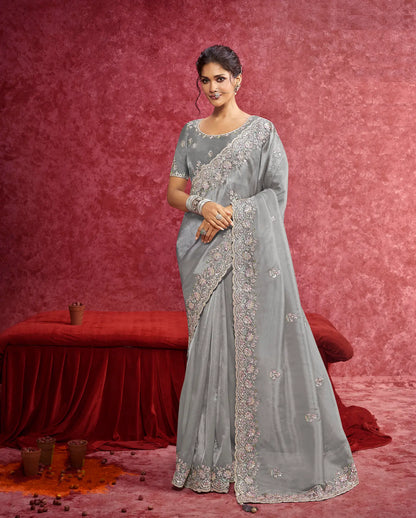 Grey Siya Silk Embroidery Work Party wear Saree