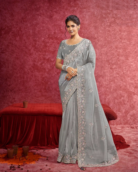 Grey Siya Silk Embroidery Work Party wear Saree