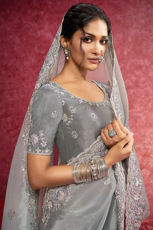 Grey Siya Silk Embroidery Work Party wear Saree