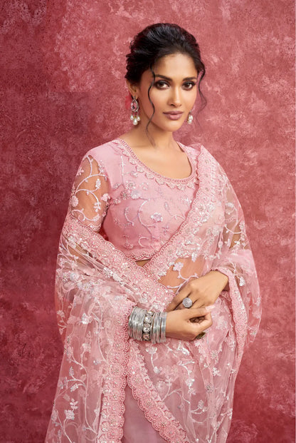 Blush Pink Net Embroidery Work Party wear Saree