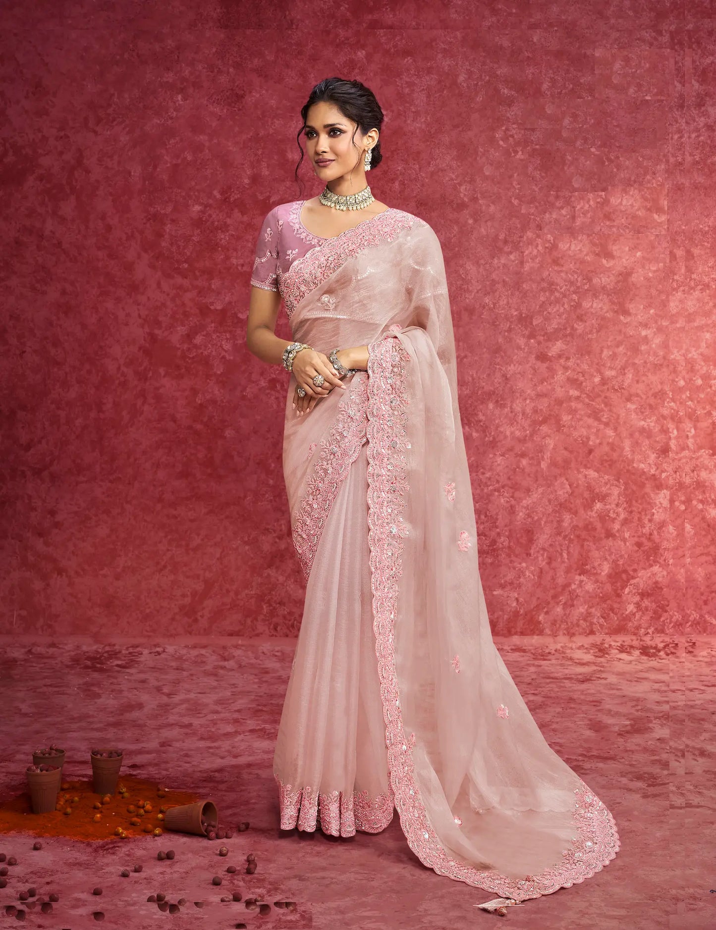 Baby Pink Weave Embroidery Work Party wear Saree