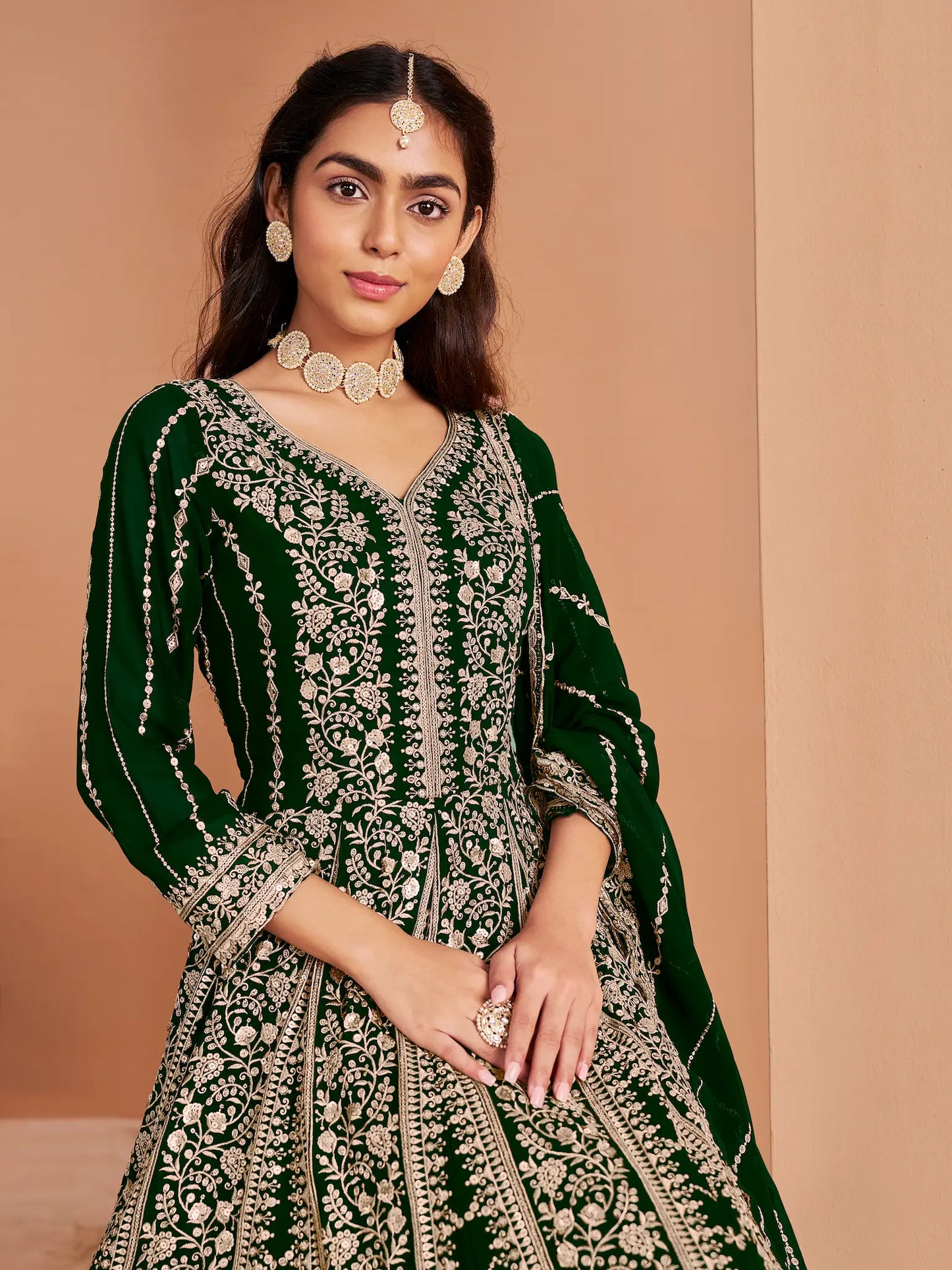 Green Georgette Gown With Sequence & Thread Embroidery Work