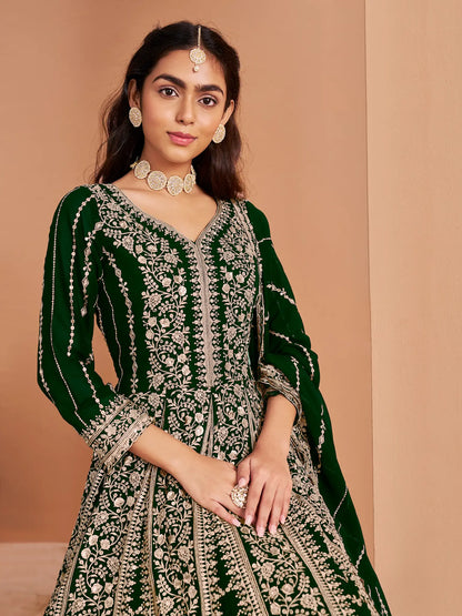 Green Georgette Gown With Sequence & Thread Embroidery Work